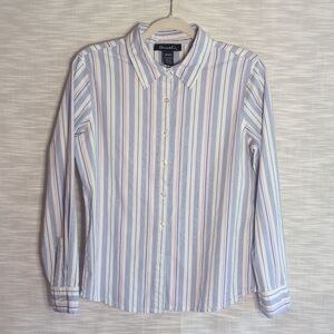 Denim&Co Pinstripe Button Down Pink Blue Preppy Business Casual
